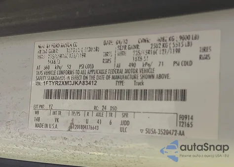 2018 Ford Transit-250 z USA, uszkodzony, nr VIN 1FTYR2XM3JKA83412